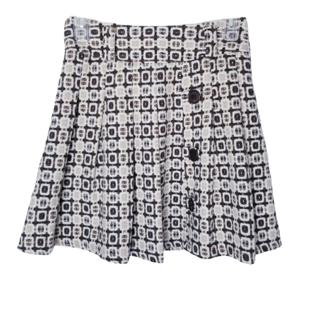 Pura Vida Pleated Wool Skirt Women Size 2 Brown Cream Tan Button Detail